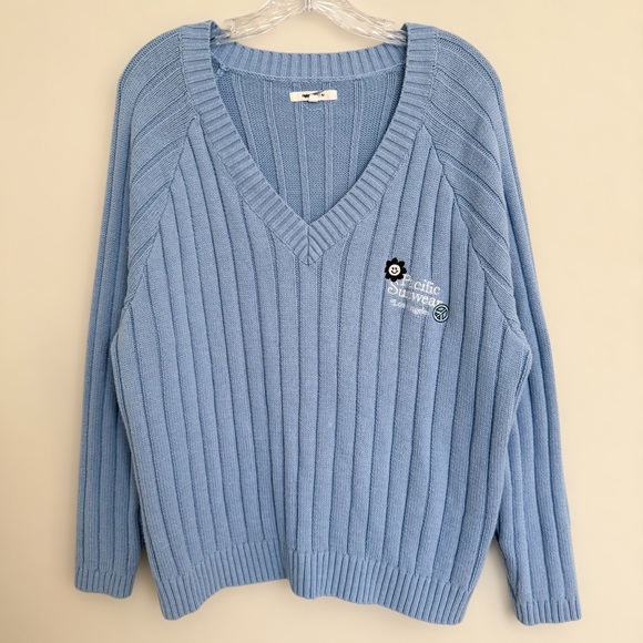 Pacsun Baby Blue Ribbed Knit V Neck Sweater Size S Oversized Preppy Embroidered - Picture 2 of 8